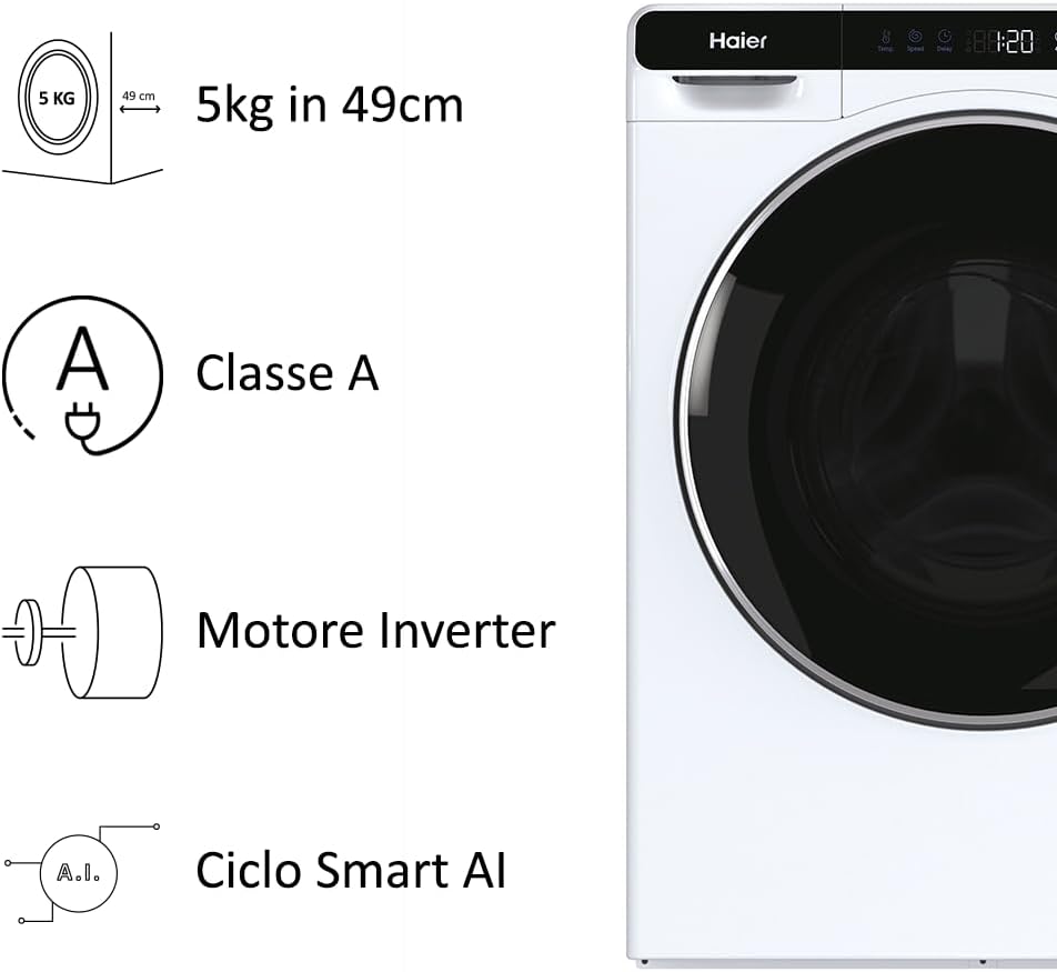 Haier Mini Drum HW50-BP12307-S Lavadora, 5 kg, 1200 vueltas, 6 programas